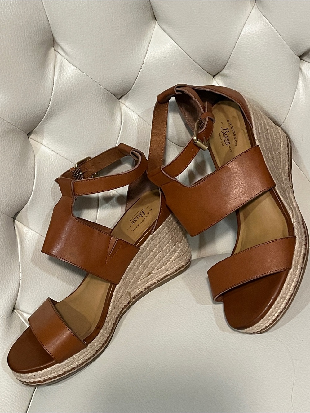 Bass Brown Leather Espadrille Wedge Sandals